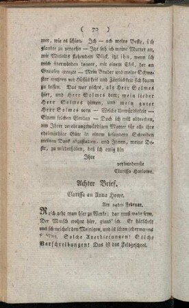 Achter Brief. Clarissa an Anna Howe. - Eilfter Brief. Clarissa an Fräulein Howe.