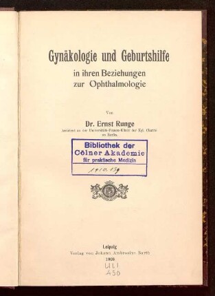 Gynäkologie und Geburtshilfe in ihren Beziehungen zur Ophthalmologie