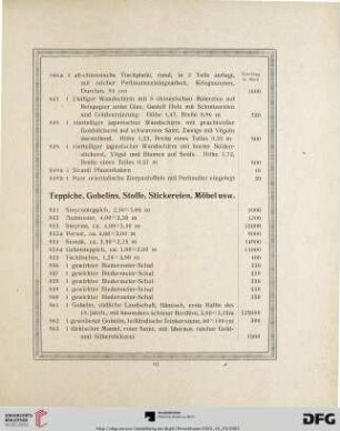 Teppiche, Gobelins, Stoffe, Stickereien, Möbel usw. (Nr. 851 - 890)