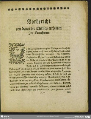 Vorbericht von denen der Clerisey ertheilten Zoll-Confeßionen