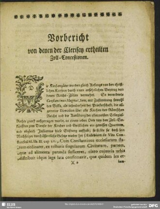 Vorbericht von denen der Clerisey ertheilten Zoll-Confeßionen