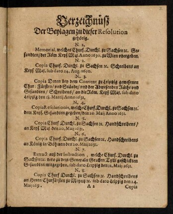 Verzeichnüß Der Beylagen zu dieser Resolution gehörig.