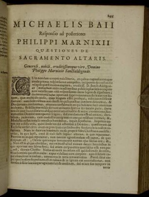 Michaelis Baii Responsio ad posteriores Philippi Marnixii Quaestiones De Sacramento Altaris