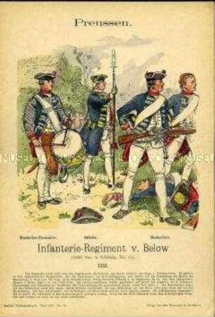Uniformdarstellung, Tambour, Offizier und Musketiere des Infanterie-Regiments No. 11, Königreich Preußen, 1745.