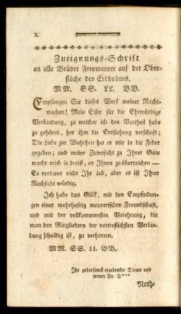 Zueignungs-Schrift an alle Brüder Freymaurer auf der Oberfläche des Erdbodens