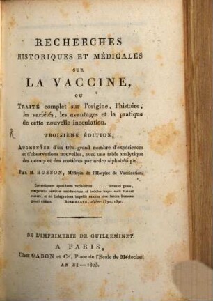 Recherches historiques et médicales sur la vaccine