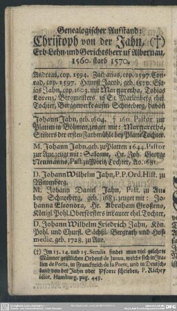 Genealogischer Aufstand: Christoph von der Jahn, Erb-Lehn- und Gerichtsherr uf Albernau, 1560. starb. 1570