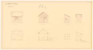 Laubentypen: Grundriss, Ansicht, Seitenansicht, Querschnitt Laube, Grundriss, Ansicht, Seitenansicht, Querschnitt Doppelabort