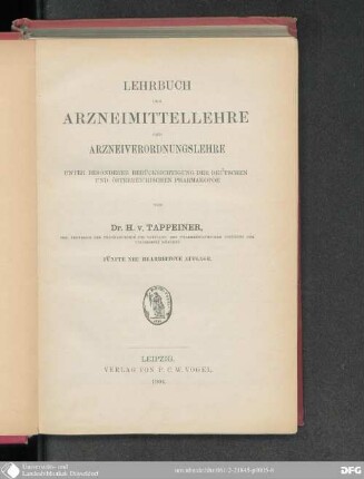 Lehrbuch der Arzneimittellehre und Arzneiverordnungslehre : unter besonderer Berücksichtigung der Deutschen und Österreichischen Pharmakopoe