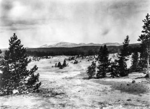 Das Norris-Geysir-Becken : Blick auf das Norris-Geysir-Becken, dem heißesten Bereich des Yellowstone-Nationalparks. Im Hintergrund eine Bergkette.
