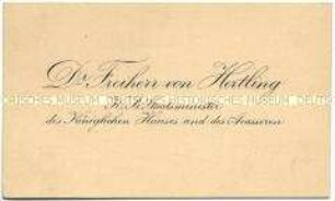 Visitenkarte des bayrischen Staatsministers und späteren Reichskanzlers Freiherr von Hertling aus der Sammlung des Reichskanzlers Marx / Kategorie "Staatspräsidenten und Minister" - Sachkonvolut