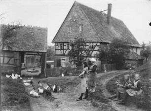 Leipziger Land. Bauernhof mit Geflügelschar und Mädchen