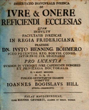 Dissertatio Inavgvralis Ivridica De Ivre & Onere Reficiendi Ecclesias