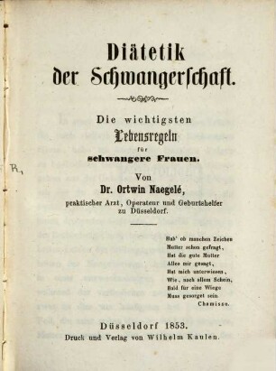 Diaetetik der Schwangerschaft : Die wichtigsten Lebensregeln f. schwangere Frauen