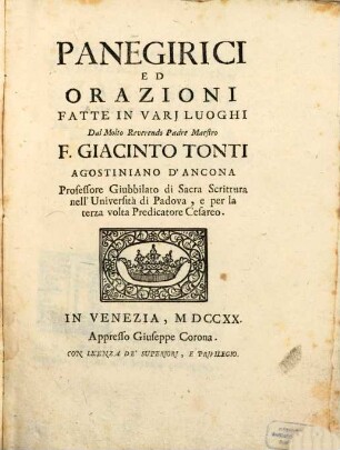 Panegirici Ed Orazioni : Fatte In Varj Luoghi