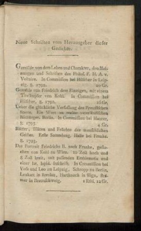 Neue Schriften vom Herausgeber dieser Gedichte
