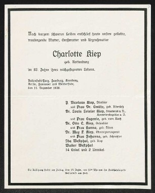 Brief von Otto Carl Kiep, Emilie Kiep, Leisler Kiep, Eugenie Kiep, Hanna Kiep, Max F. Kiep, Johanna Kiep, Ida Therese Westphal, Walther Westphal und J. Nicolaus Kiep an Gerhart Hauptmann