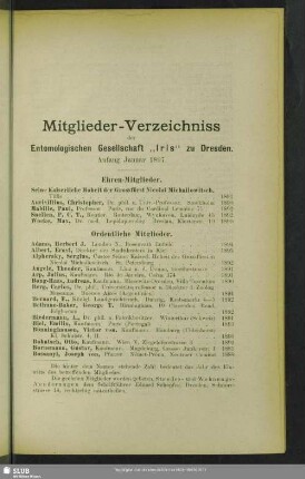 Mitglieder-Verzeichniss der Entomologischen Gesellschaft „Iris“ zu Dresden