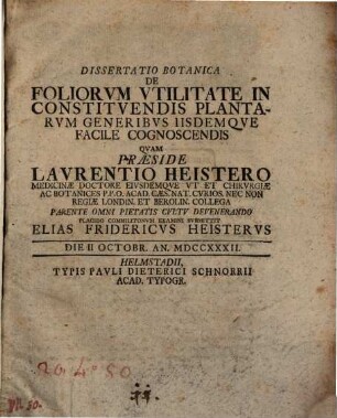 Dissertatio botanica De foliorum utilitate in constituendis plantarum generibus generibus iisdem facile cognoscendis