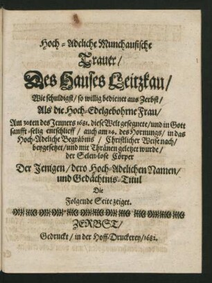 Hoch-Adeliche Munchauische Trauer/ Des Hauses Leitzkau
