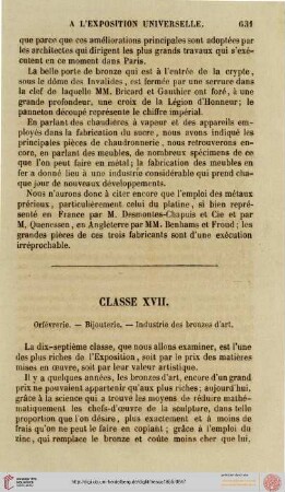 Classe XVII: Orfévrerie, bijouterie, bronzes d'art