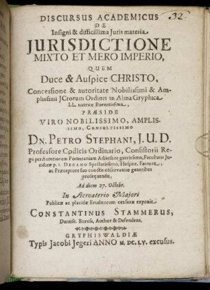 Discursus Academicus De Insigni & difficillima Iuris materia Iurisdictione Mixto Et Mero Imperio