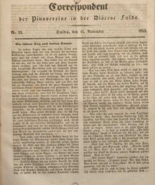 Nr. 22. Fulda, den 15. November 1852.