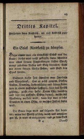 Drittes Kapitel. Verschiedene Arten Rindfleisch, wie auch Kalbfleisch zuzubereiten.