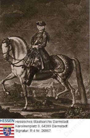 Ludwig VIII. Landgraf v. Hessen-Darmstadt (1691-1768) / Porträt zu Pferd, rechtsgewandte, vorblickende Ganzfigur / im Hintergrund: Jagdgesellschaft und Landschaft