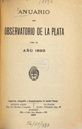 Anuario del Observatorio de La Plata. 1892 = 6