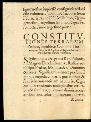 Constitutiones Terrarum Prussiae, in publicis Comitiis Thoruny conciliatae, & D. Sigismundi Regis authoritate pro commodo publico confirmatae,