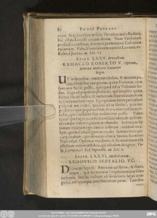 Epist. LXXV. Bruxellam. Remaclo Roberto V. Optimo, Annonae Militaris Curatori Regio.