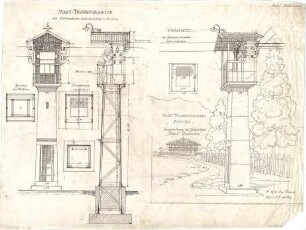 Thiersch, August ; Transformationsstationen, Masttransformatoren, Entwürfe - Grundrisse, Ansicht, Schnitt, Perspektive