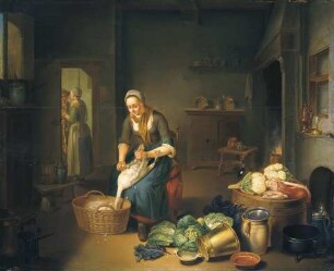Küchenstück mit gänserupfender Frau