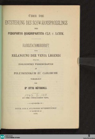 Über die Entstehung des Schwärmsprösslings der Podophrya quadripartita Clp. und Lchm.