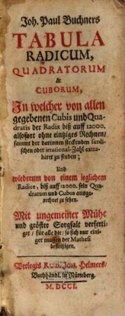 Joh. Paul Buchners Tabula Radicum, Quadratorum & Cuborum : In welcher von allen gegebenen Cubis und Quadratis der Radix biß auff 12000. alsofort ohne eintziges Rechnen, sammt der darinnen steckenden surdischen oder irrational- Zahl extrahiret zu finden; Und wiederum von einem ieglichem Radice, biß auff 12000. sein Quadratum und Cubus ausgerechnet zu sehen. Mit ungemeiner Mühe und gröster Sorgfalt verfertiget, für alle die, so sich nur einiger massen der Mathesi befleißigen