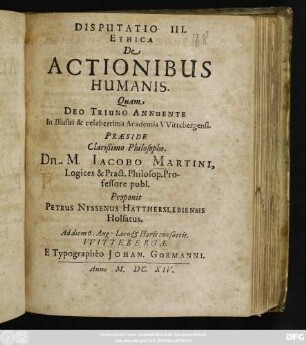 Disputatio III. Ethica De Actionibus Humanis