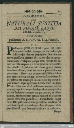 Programma De Naturali Justitia Dei Vindice Eaque Immutabili, Rostochii publicatum A. MDCXCVII. d. 14. Februarii