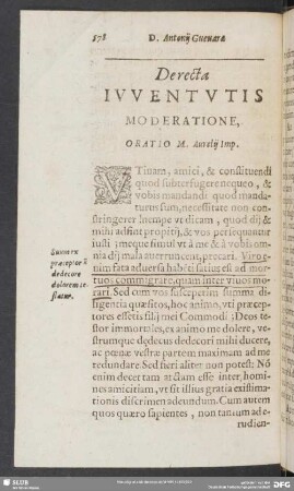 De recta Iuventutis Moderatione, Oratio M. Aurelij Imp.