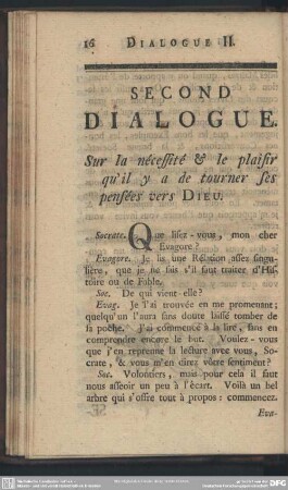Second Dialogue. Sur la nécessité & le plaisir qu' il y a de tourner ses pensées vers Dieu