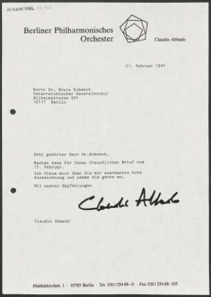 Brief an Erwin Kubesch an Österreich. Generalkonsulat, 21.02.1994