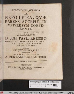 Exercitatio Jvridica De Nepote Ea, Qvæ Parens Accepit, In Vniversvm Conferente