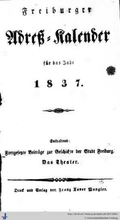 Freiburger Adress-Kalender : für das Jahr 1837
