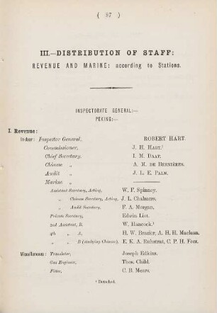 III. - Distribution of staff: Revenue and Marine: according to stations