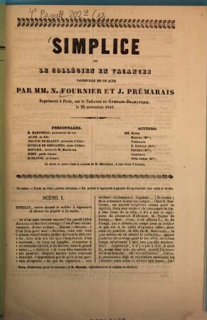 Simplice ou le collégien en vacances : Vaudeville en un acte par N. Fournier et J. Prémarais [Jules de Prémaray]