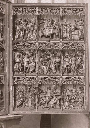 Flügelaltar : Flügelaltar. Holz, geschnitzt, gefaßt (1480/1510). Rechter Flügel mit neun Szenen aus dem Leben Jesu. Salzwedel, Marienkirche
