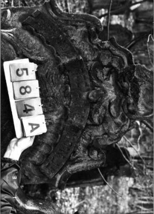 Grabstein 584 (Index: 99753078) Material: Sandstein Zustand: verwittert Maße HxBxT: 162x91x8 cm Beschreibung: Stele, geschwungen eingezogenerb Rundbogenabschluß, ovales Schriftfeld Symbolik: Muschel, Ranken, Schriftband, Blumen: Grabstein 584A