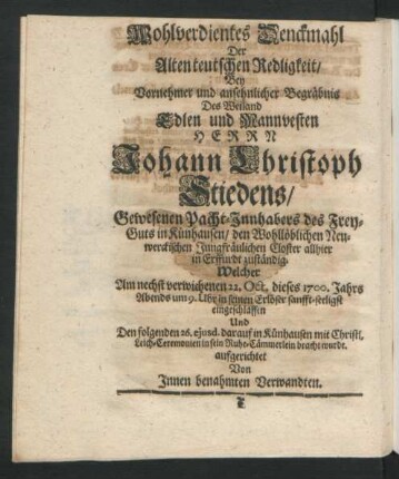 Wohlverdientes Denckmal Der Alten teutschen Redligkeit