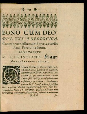 Disp. XXX. Theologica, ... Respondente M. Christiano Klaur/ Moeno-Francofurtano.