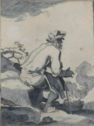 Bettler, sich am Feuer wärmend
